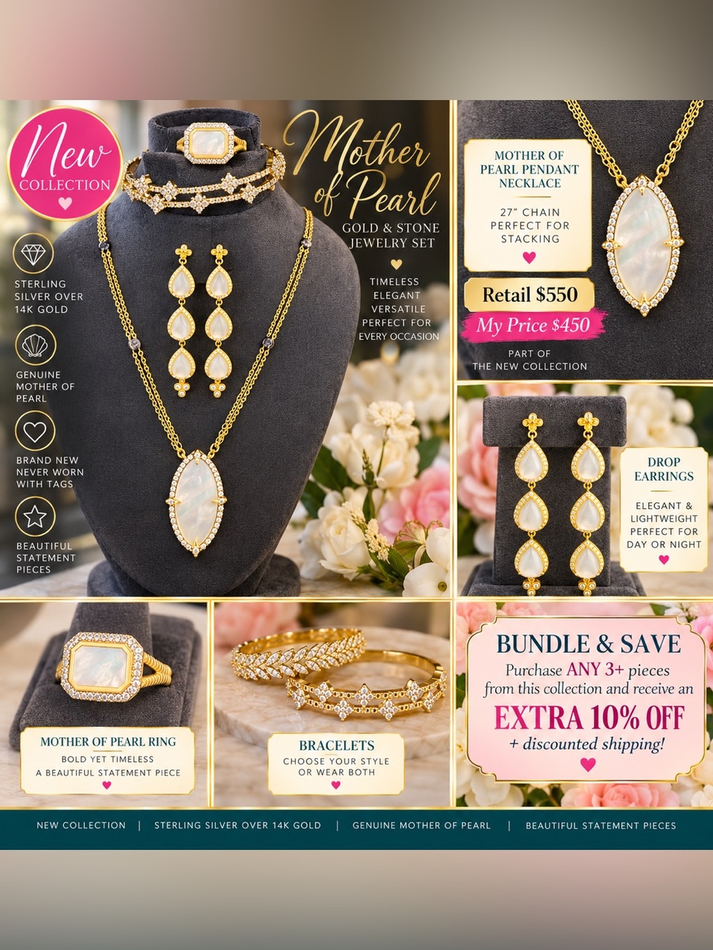 Mother of Pearl Statement Necklace — 27 in gold tone detailed double chain